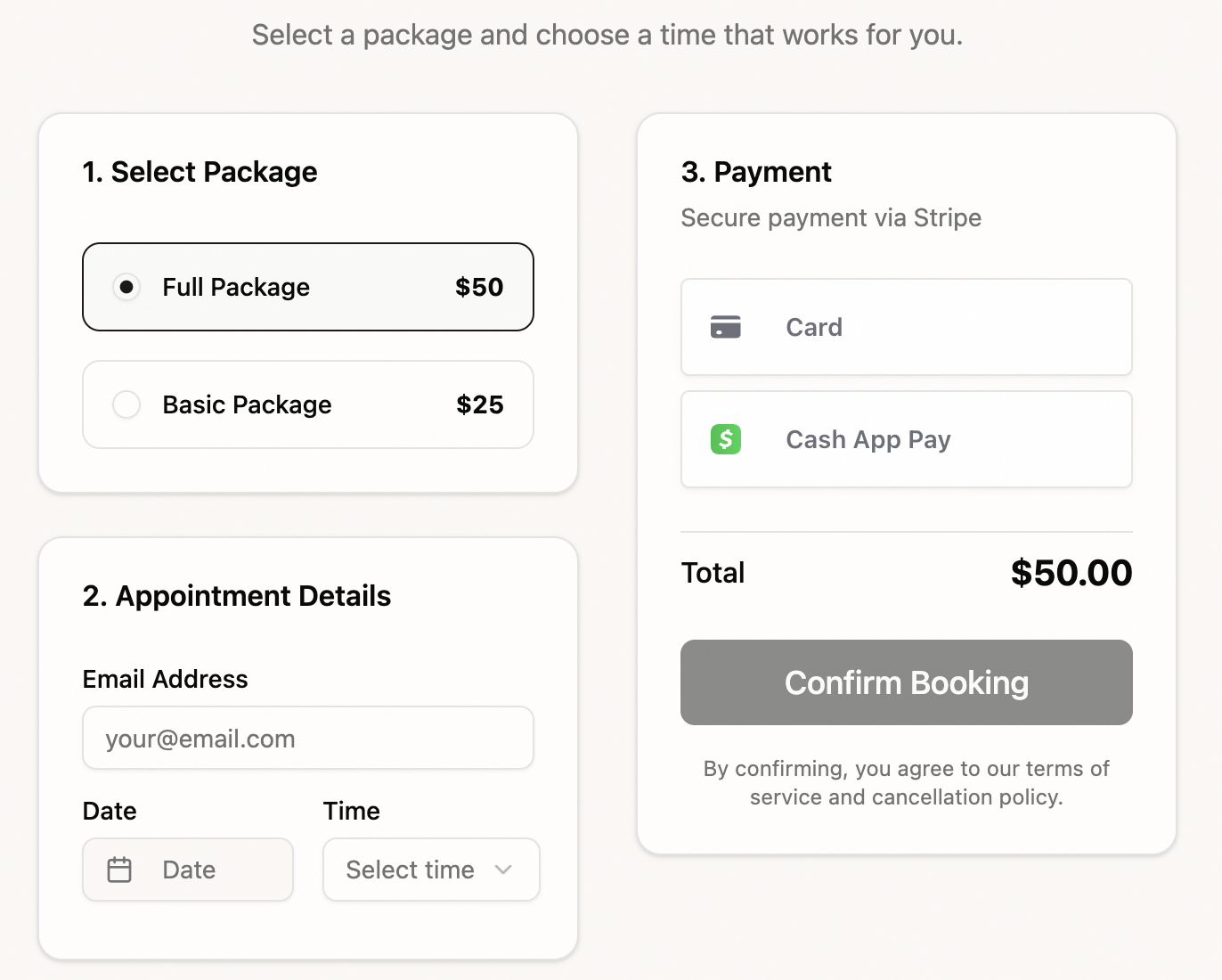 Demo app booking form with package selection, appointment details, and Stripe payment